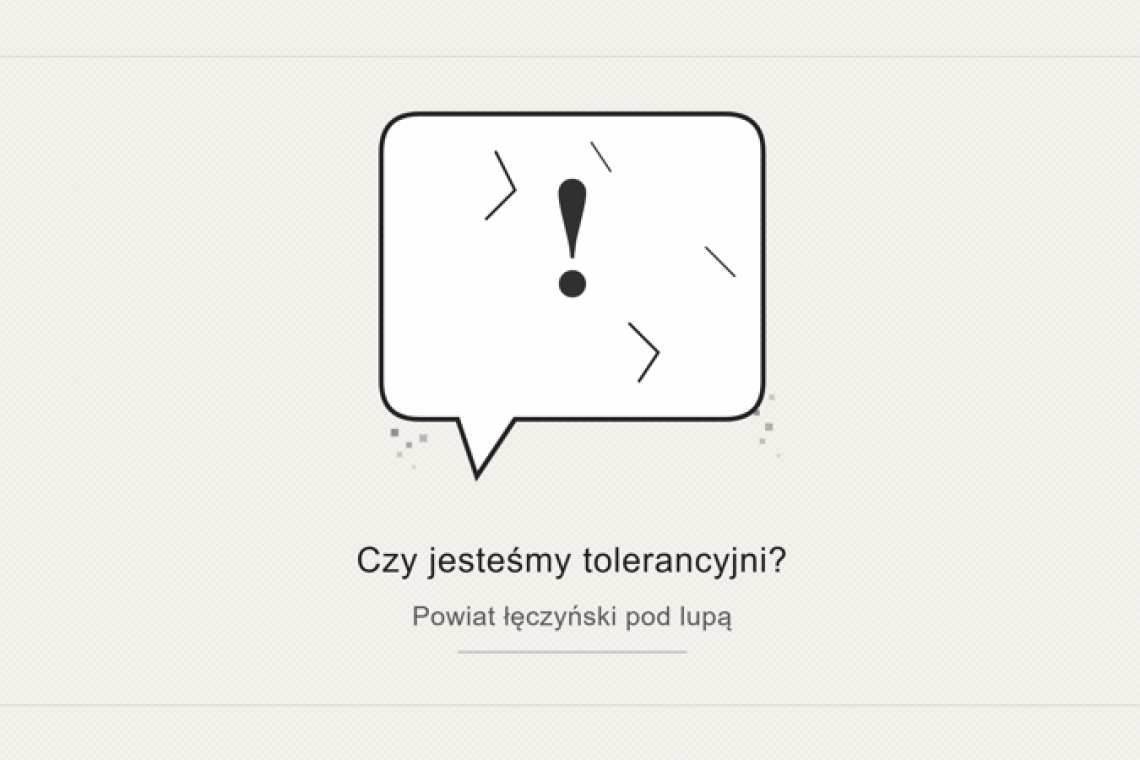 Minimalistyczna grafika z pękniętym dymkiem czatu i napisem „Czy jesteśmy tolerancyjni? Powiat łęczyński pod lupą”, ilustrująca artykuł o hejcie w internecie na portalu Przegląd Łęczyński.